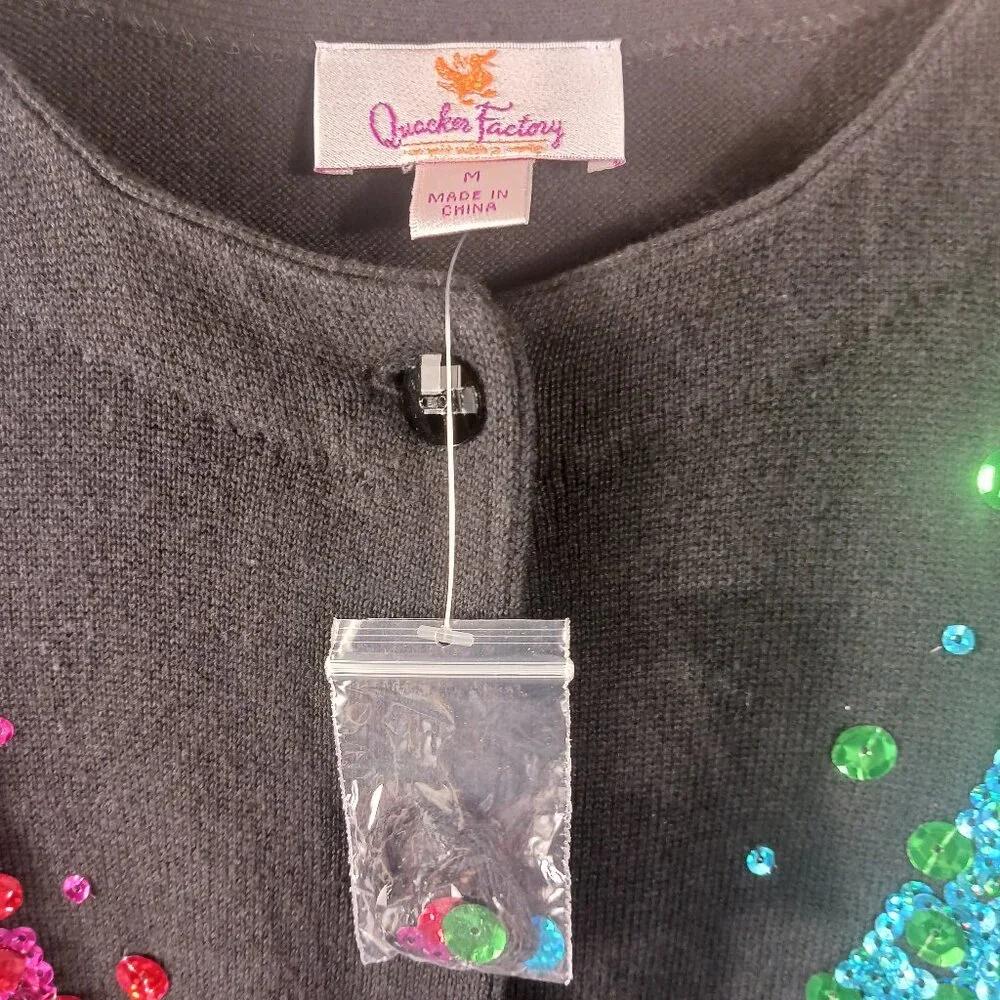 Quaker Factory NWOT Black Christmas Cardigan W/ Multi Color Sequins, Size Med.